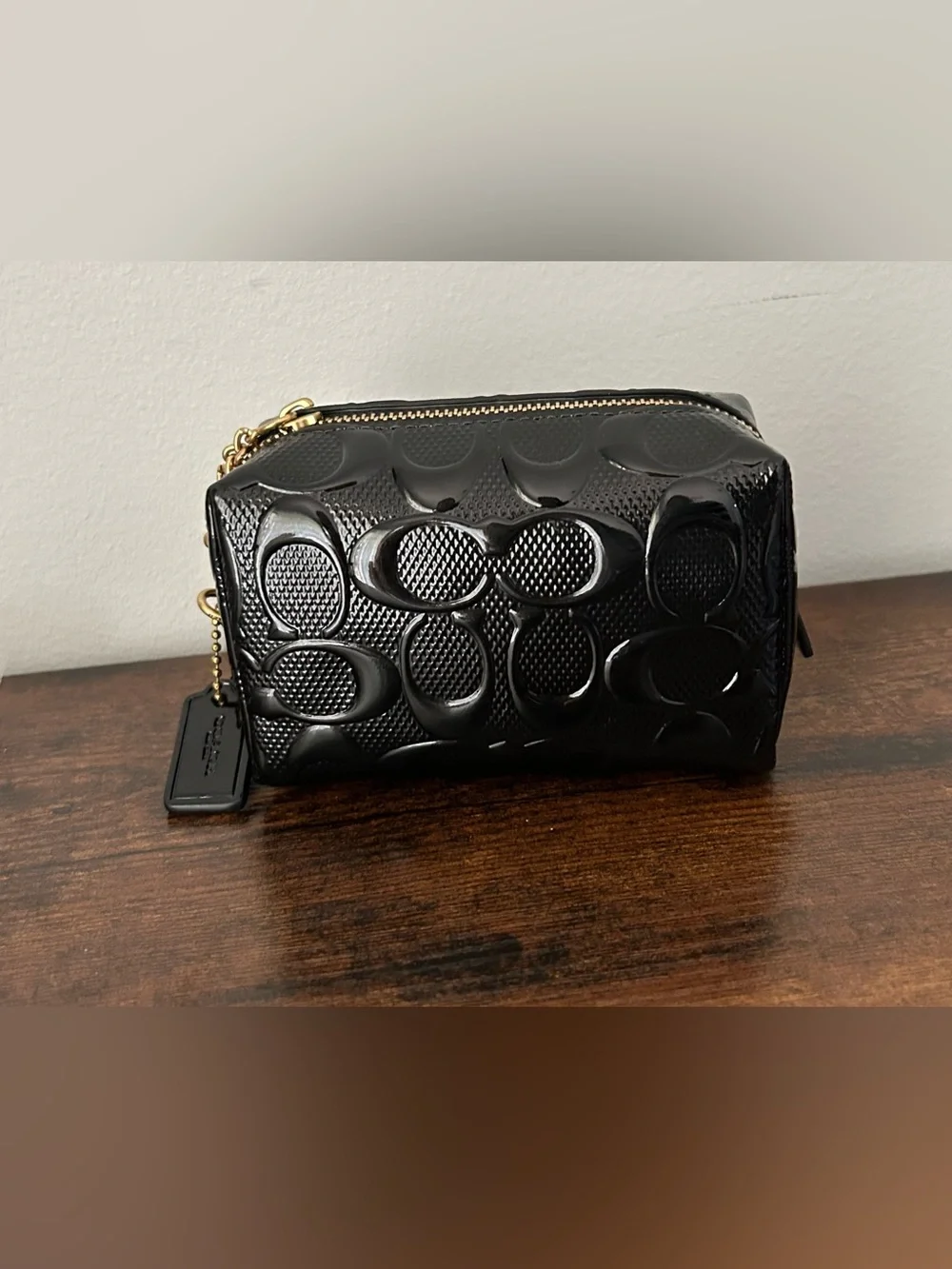 Coach Black Patent Leather Signature Cosmetic Bag